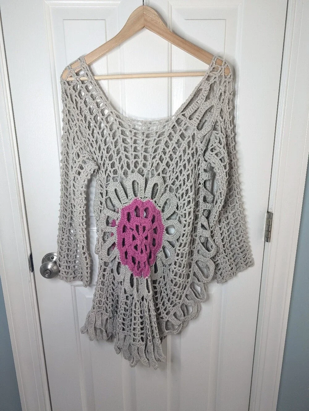 Boho Crochet Open Knit Sweater Asymmetrical Cover-up S/M